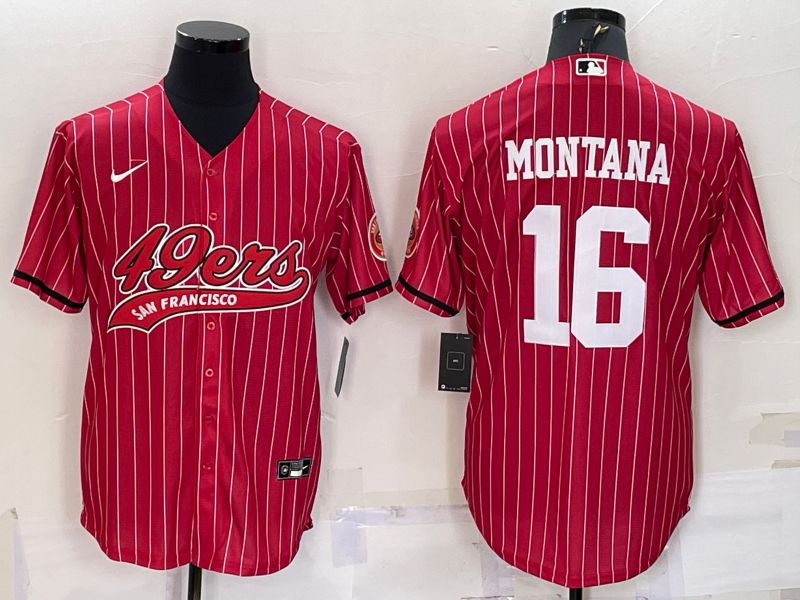 Men San Francisco 49ers 16 Montana Red stripe 2022 Nike Co branded NFL Jersey